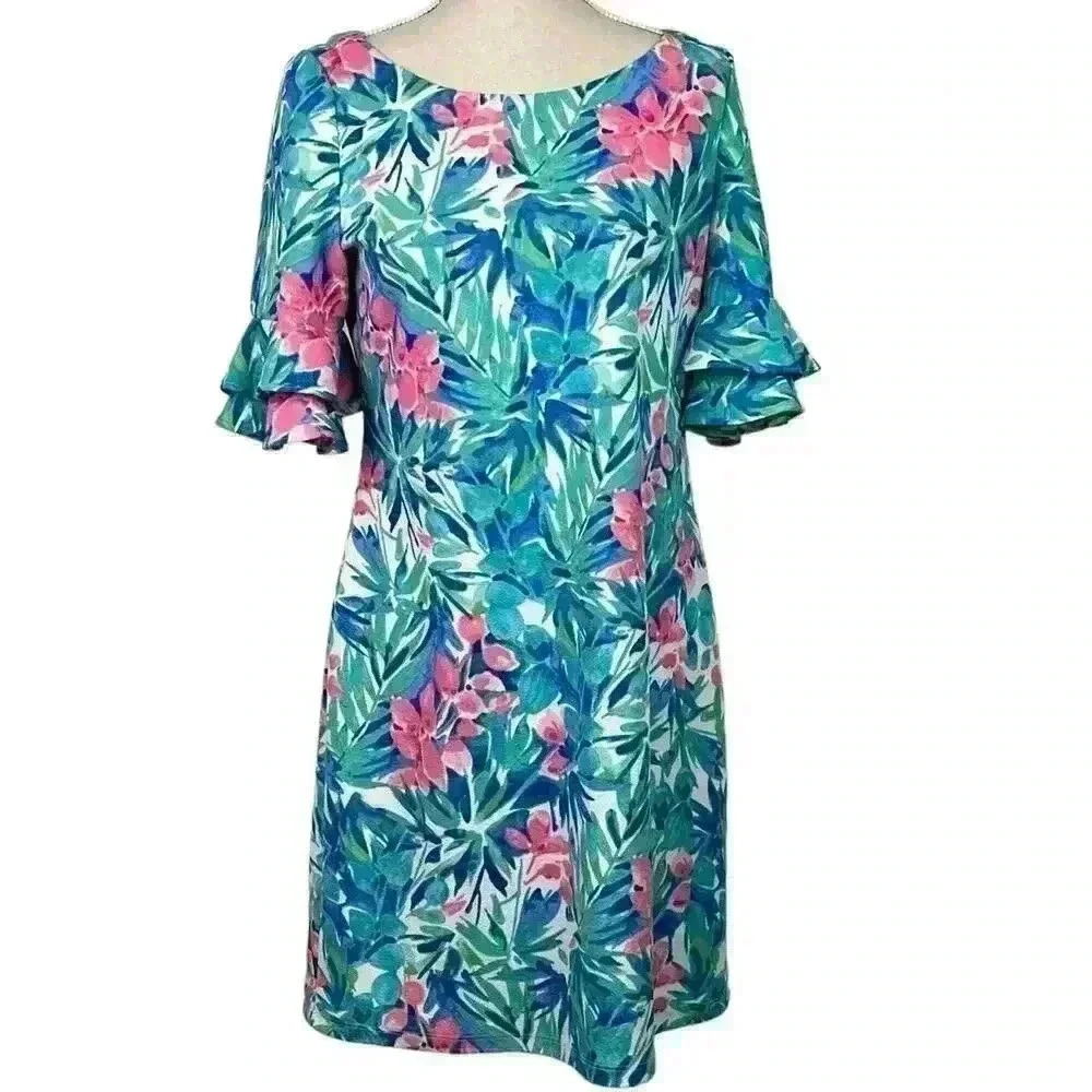 Pappagallo Tropical Floral Ruffle Sleeve Dress Size Medium